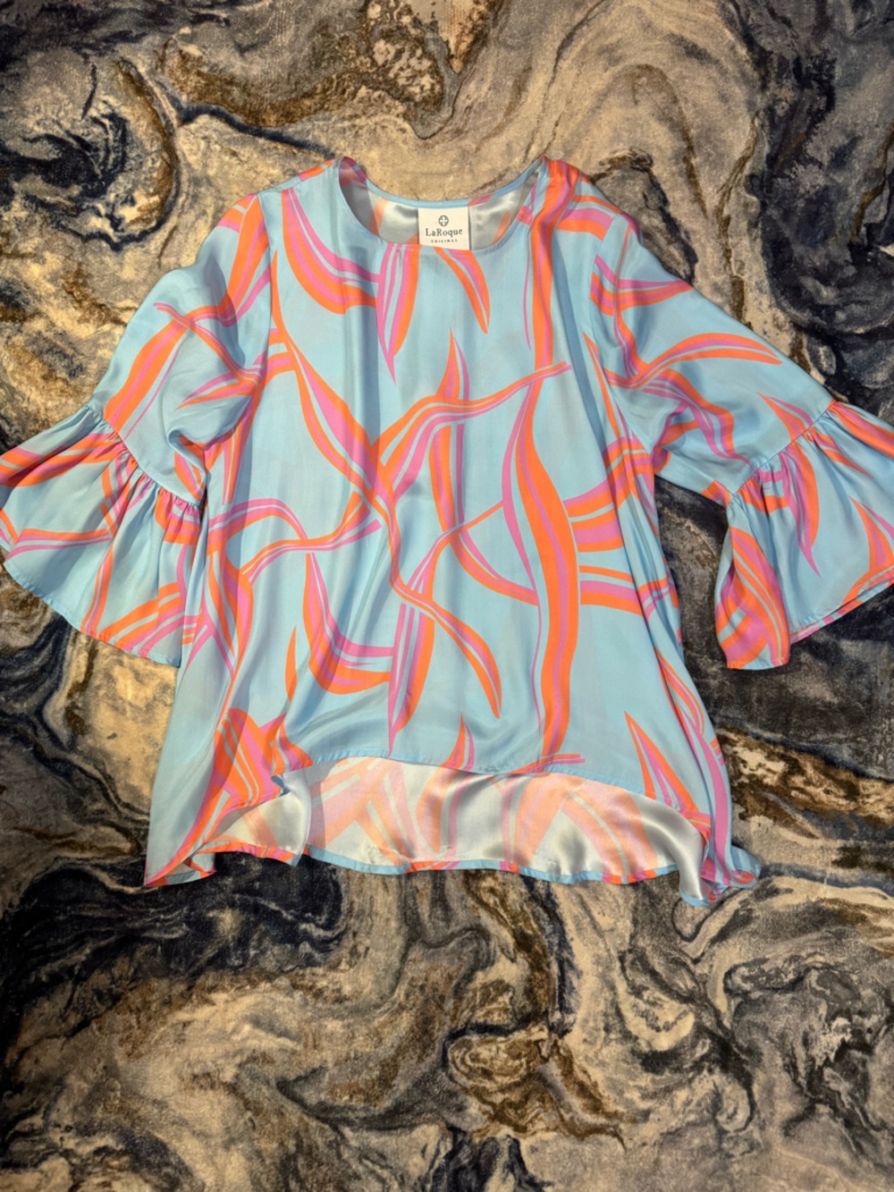 LaRogue Sky Blue Blouse with Pink and Orange Abstract Print